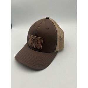 Yupoong Minnesota State Seal Leather Patch Trucker Hat Brown Tan Snapback Cap